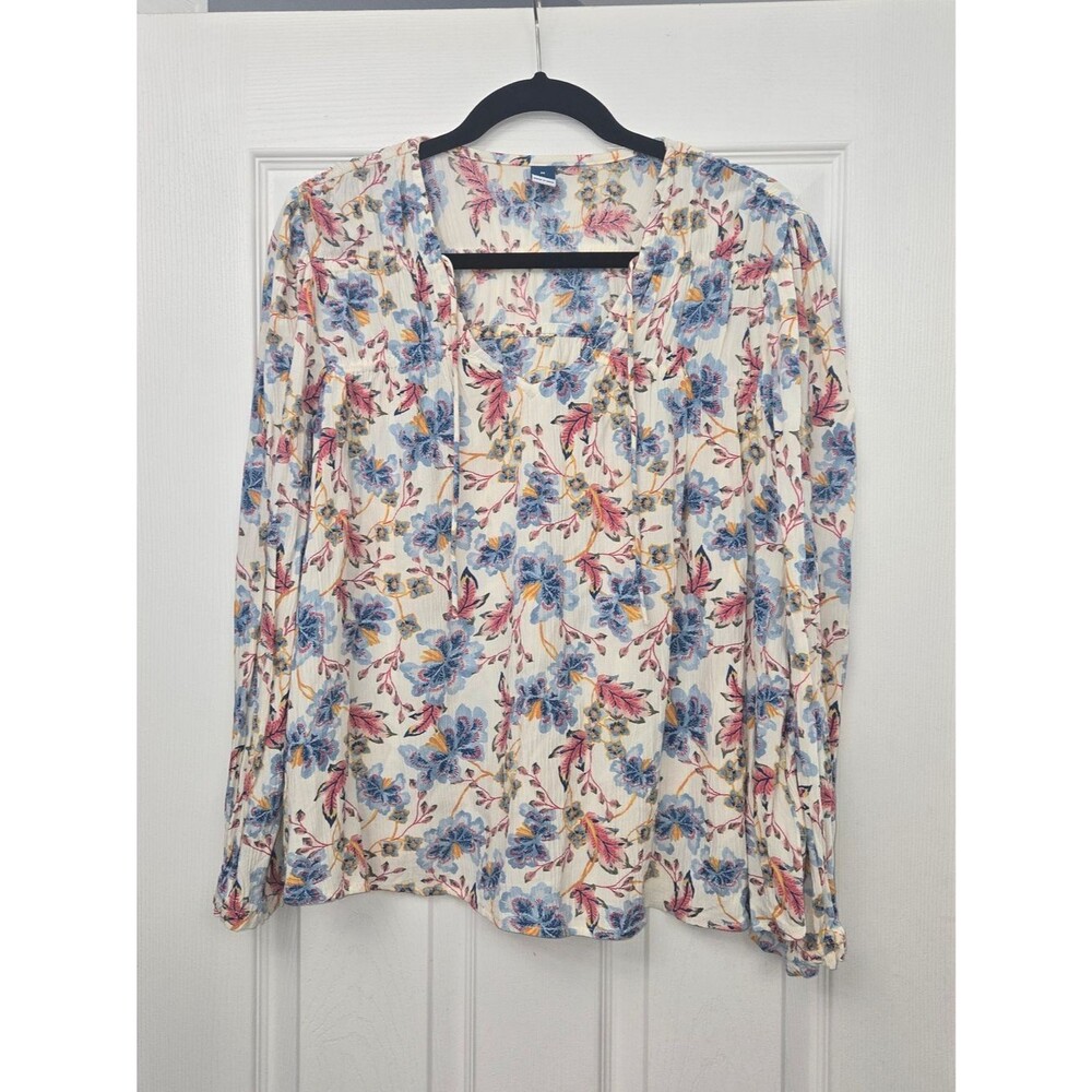Old Navy Floral Long Sleeve Peasant Blouse Split Neck Tie Medium Cottagecore